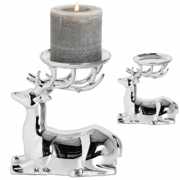 Edzard Kerzenleuchter Rentier/Hirsch liegend, glänzend versilbert, anlaufgeschützt, H 16, Kerzenhalter Ø 9 cm