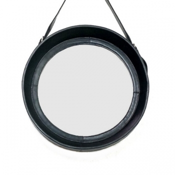 Design-Wandspiegel mit Leder-Rahmen und Leder-Aufhängeriemen, Schwarz, rund, Ø 50 cm
