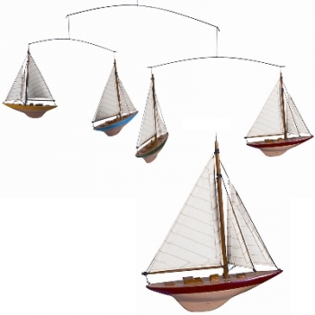 Schiffe Mobile America's Cup, 4 Yachten, Holzrumpf, fbg. lackiert, Baumwollsegel, Maße: L 16,5 x B 3 x H 20,5 cm