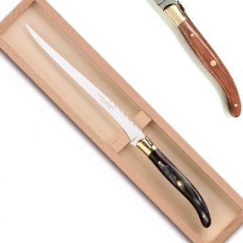 Laguiole Pastetenmesser in Box, L 32 cm, polierte Messingbacken, Tropenholz