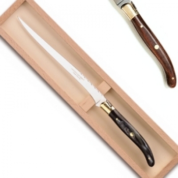 Laguiole Pastetenmesser in Box, L 32 cm, polierte Messingbacken, Rosenholz