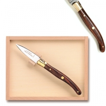 Laguiole Austernmesser in Box, L 16 cm, polierte Messingbacken, Rosenholz