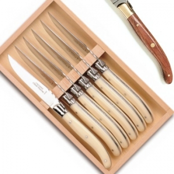Laguiole Steakmesser, 6 Stück in Box, L 23 cm, polierte Messingbacken, Tropenholz
