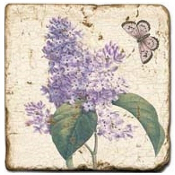 Marmorfliese, Motiv: Blüten/Schmetterlinge B,  Antikfinish,  Aufhängeöse, Antirutschf., Maße: L 20 x B 20 x H 1 cm