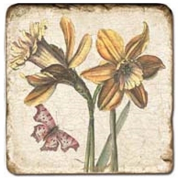 Marmorfliese, Motiv: Blüten/Schmetterlinge C,  Antikfinish,  Aufhängeöse, Antirutschf., Maße: L 20 x B 20 x H 1 cm