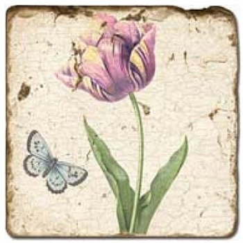 Marmorfliese, Motiv: Blüten/Schmetterlinge D,  Antikfinish,  Aufhängeöse, Antirutschf., Maße: L 20 x B 20 x H 1 cm