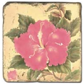 Marmorfliese, Motiv: Tropenblüten A,  Antikfinish,  Aufhängeöse, Antirutschfüßchen, Maße: L 20 x B 20 x H 1 cm