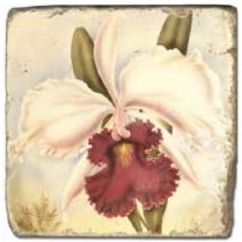 Marmorfliese, Motiv: Tropenblüten B,  Antikfinish,  Aufhängeöse, Antirutschfüßchen, Maße: L 20 x B 20 x H 1 cm