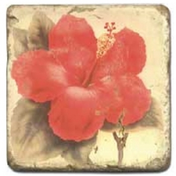 Marmorfliese, Motiv: Tropenblüten C,  Antikfinish,  Aufhängeöse, Antirutschfüßchen, Maße: L 20 x B 20 x H 1 cm