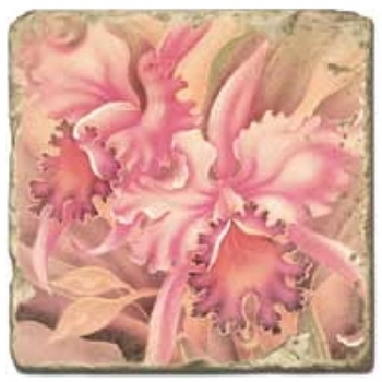 Marmorfliese, Motiv: Tropenblüten D,  Antikfinish,  Aufhängeöse, Antirutschfüßchen, Maße: L 20 x B 20 x H 1 cm
