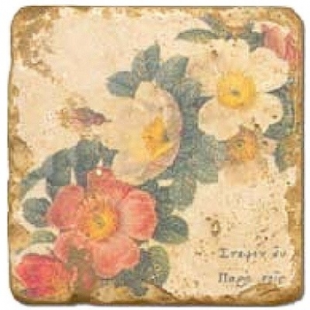 Marmorfliese, Motiv: Blütenkranz A,  Antikfinish,  Aufhängeöse, Antirutschfüßchen, Maße: L 20 x B 20 x H 1 cm