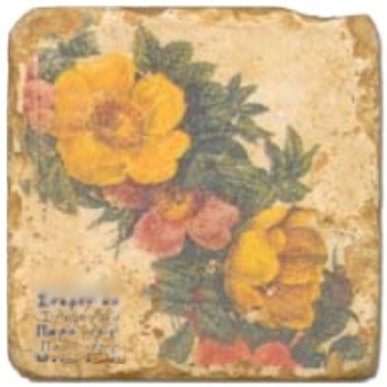 Marmorfliese, Motiv: Blütenkranz B,  Antikfinish,  Aufhängeöse, Antirutschfüßchen, Maße: L 20 x B 20 x H 1 cm