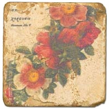Marmorfliese, Motiv: Blütenkranz C,  Antikfinish,  Aufhängeöse, Antirutschfüßchen, Maße: L 20 x B 20 x H 1 cm