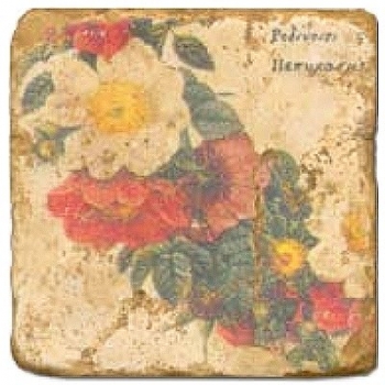 Marmorfliese, Motiv: Blütenkranz D,  Antikfinish,  Aufhängeöse, Antirutschfüßchen, Maße: L 20 x B 20 x H 1 cm