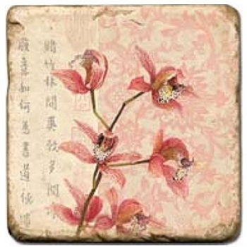 Marmorfliese, Motiv: Blütenzweige A,  Antikfinish,  Aufhängeöse, Antirutschfüßchen, Maße: L 20 x B 20 x H 1 cm