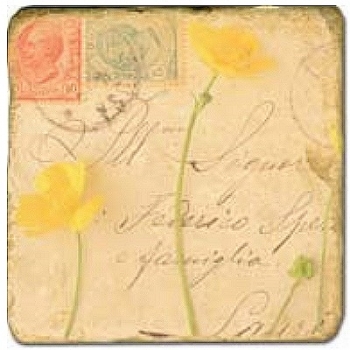 Marmorfliese, Motiv: Blütenbriefe 1 C,  Antikfinish,  Aufhängeöse, Antirutschfüßchen, Maße: L 20 x B 20 x H 1 cm