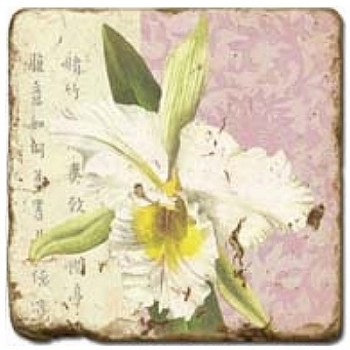 Marmorfliese, Motiv: Blütenzweige B,  Antikfinish,  Aufhängeöse, Antirutschfüßchen, Maße: L 20 x B 20 x H 1 cm