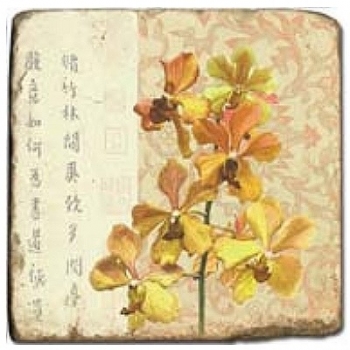 Marmorfliese, Motiv: Blütenzweige C,  Antikfinish,  Aufhängeöse, Antirutschfüßchen, Maße: L 20 x B 20 x H 1 cm