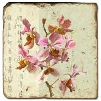 Marmorfliese, Motiv: Blütenzweige D,  Antikfinish,  Aufhängeöse, Antirutschfüßchen, Maße: L 20 x B 20 x H 1 cm