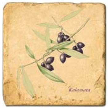 Marmorfliese, Motiv: Olivenzweige B,  Antikfinish,  Aufhängeöse, Antirutschfüßchen, Maße: L 20 x B 20 x H 1 cm
