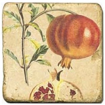 Marmorfliese, Motiv: Tropenfrüchte B,  Antikfinish,  Aufhängeöse, Antirutschfüßchen, Maße: L 20 x B 20 x H 1 cm