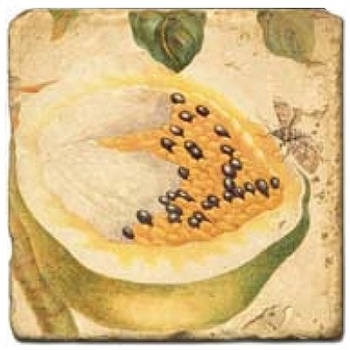 Marmorfliese, Motiv: Tropenfrüchte C,  Antikfinish,  Aufhängeöse, Antirutschfüßchen, Maße: L 20 x B 20 x H 1 cm