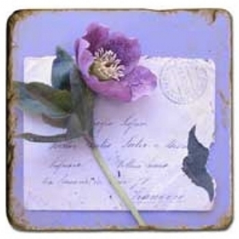 Marmorfliese, Motiv: Blütenbriefe 2 B,  Antikfinish,  Aufhängeöse, Antirutschfüßchen, Maße: L 20 x B 20 x H 1 cm