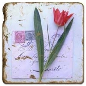 Marmorfliese, Motiv: Blütenbriefe 2 C,  Antikfinish,  Aufhängeöse, Antirutschfüßchen, Maße: L 20 x B 20 x H 1 cm