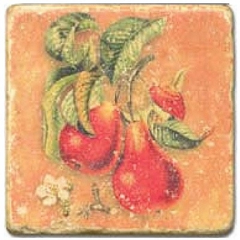 Marmorfliese, Motiv: Früchtemix C,  Antikfinish,  Aufhängeöse, Antirutschfüßchen, Maße: L 20 x B 20 x H 1 cm