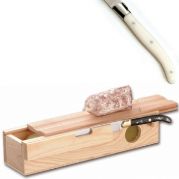 Laguiole Salamibox mit Messer, L Messer: 32 cm, Maße Box: L 32,5 x B 7,5 x H 10 cm, polierte Edelstahlbacken, elfenbeinfarbig