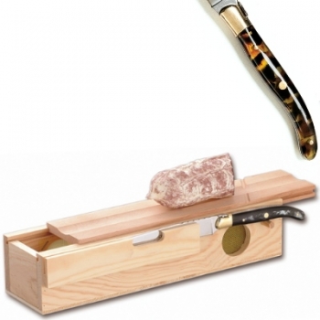 Laguiole Salamibox mit Messer, L Messer: 32 cm, Maße Box: L 32,5 x B 7,5 x H 10 cm, polierte Messingbacken, marmoriert dunkel