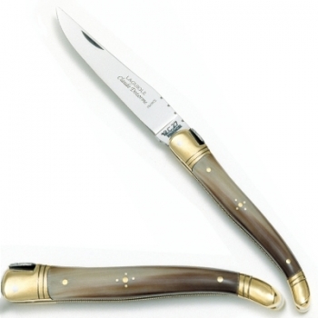 Laguiole Taschenmesser, klassisch, Griffschalen Hornspitze, Backen Messing poliert, Maße: Heft L 12 cm, Klinge 10 cm