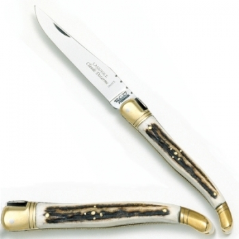 Laguiole Taschenmesser, klassisch, Griffschalen Hirschhorn, Backen Messing poliert, Maße: Heft L 12 cm, Klinge 10 cm