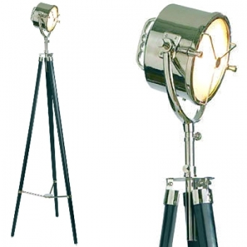 Stativ Stehlampe Suchscheinwerfer, Nickel, poliert/Alu/Glas, Holzstativ, ebenholzfarbig/Nickel, Maße: H 200 x Ø 67 cm