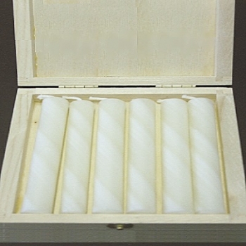 Bienenwachs Stumpenkerzen in Box, elfenbeinfarbig marmoriert, 6 Stück pro Box, Maße: H 10 x Ø 2,5 cm