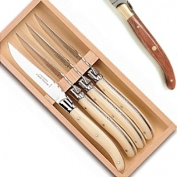 Laguiole Steakmesser, 4 Stück in Box, L 23 cm, polierte Messingbacken, Tropenholz