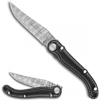 Laguiole Design-Taschenmesser mit Klinge aus Damaststahl, Griffschalen Leder schwarz, Heft L 12 cm, Klinge 10 cm